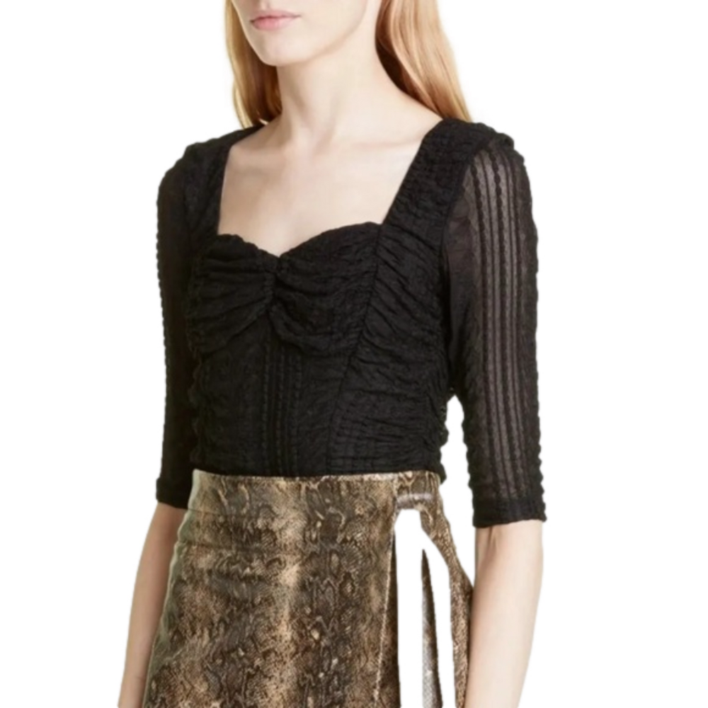 GANNI Ruched Lace Stretch Blouse Size 6